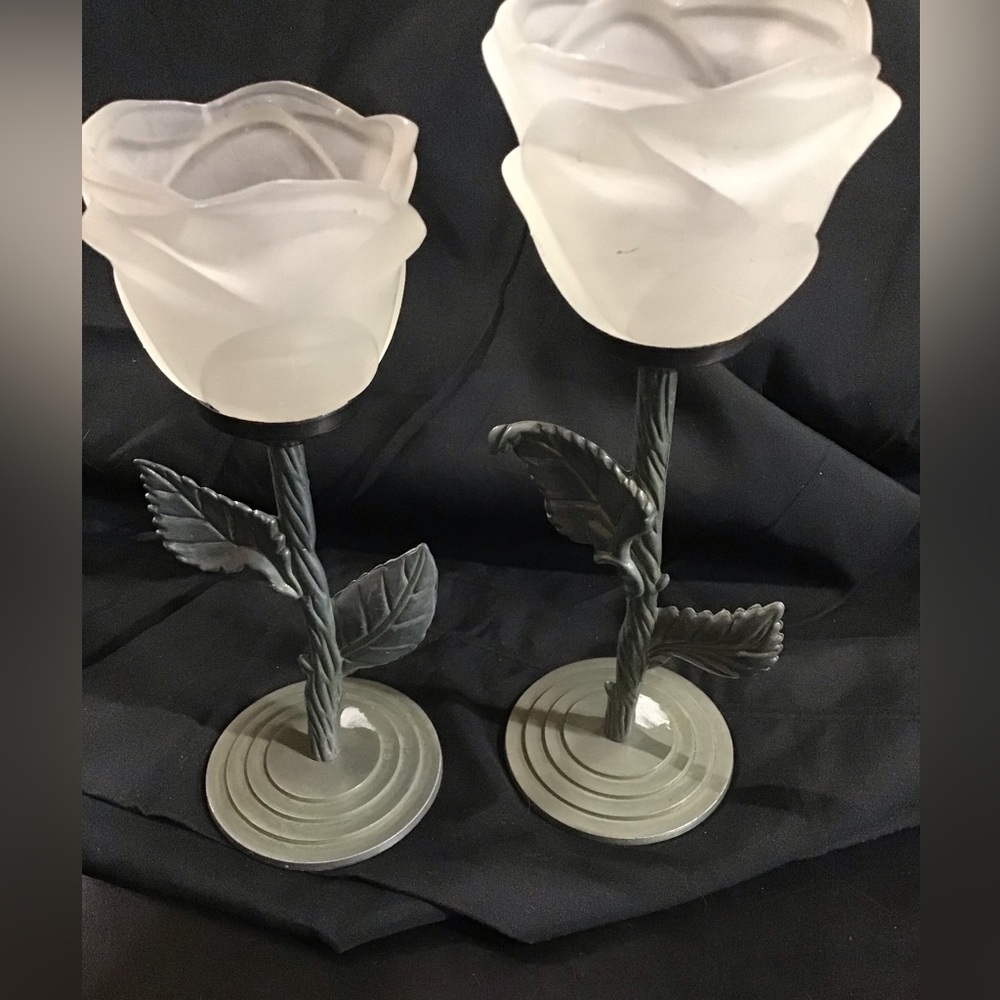 PEWTER VINTAGE SET OF 2 FROSTED ROSE GLASS CANDLE HOLDERS GUC VOTIVE